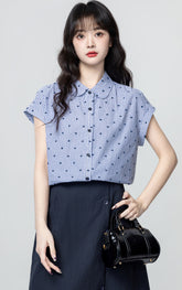 Blue White Striped Doll Collar Short Sleeve Shirt