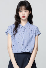 Blue White Striped Doll Collar Short Sleeve Shirt