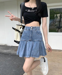 Blue Wide-Pleated Denim Skirt