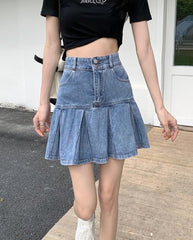 Blue Wide-Pleated Denim Skirt