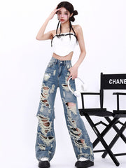 Blue Y2K Extreme Distressed Wide-Leg Jeans