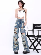 Blue Y2K Extreme Distressed Wide-Leg Jeans