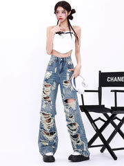 Blue Y2K Extreme Distressed Wide-Leg Jeans