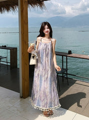 Bohemian Floral Tassel Maxi Dress For Vacation