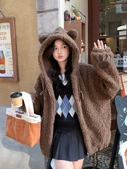 Brown Bear Ears Hooded Plush Jacket