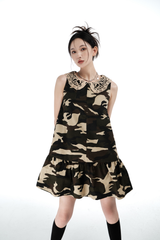 Brown Camouflage Lace Collared Dress