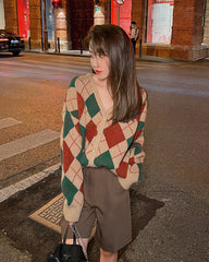 Brown Classic Argyle Pattern Knit Cardigan