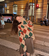 Brown Classic Argyle Pattern Knit Cardigan