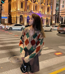 Brown Classic Argyle Pattern Knit Cardigan