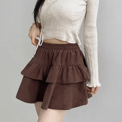 Brown Corduroy Style Layered Skirt
