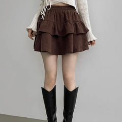 Brown Corduroy Style Layered Skirt