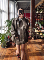 Brown Distressed Leather Cargo Mini Skirt