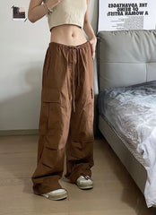 Brown Drawstring Multi-Pocket Pants