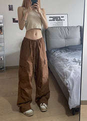 Brown Drawstring Multi-Pocket Pants