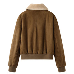 Brown Fleece Collar Faux Suede Jacket