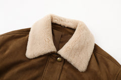 Brown Fleece Collar Faux Suede Jacket