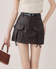 Brown Front Pockets Faux Leather Skirt