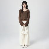 Brown Hollow Out V Neck Knit Two Piece Top