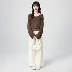 Brown Hollow Out V Neck Knit Two Piece Top