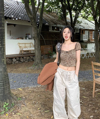Brown Leopard Pattern Short Sleeves Top