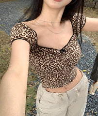 Brown Leopard Pattern Short Sleeves Top