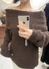 Brown Off Shoulder Oversize Sweater