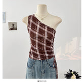 Blue Plaid One Shoulder Ruched Top