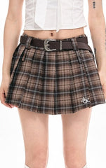 Brown Plaid Pleated Mini Skirt