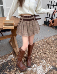 Brown Plaid Pleated Skirt With Double Belt Slots