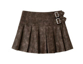 Brown Pleated Leather Mini Skirt