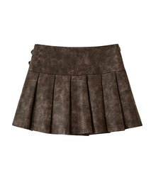 Brown Pleated Leather Mini Skirt