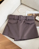 Brown Preppy Belted Mini Skirt