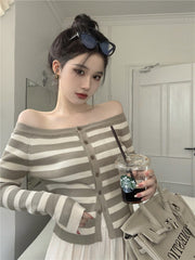 Brown Stripe Off-Shoulder Knit Cardigan