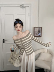 Brown Stripe Off-Shoulder Knit Cardigan