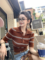 Brown Striped Knit Polo Shirt