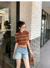Brown Striped Knit Polo Shirt