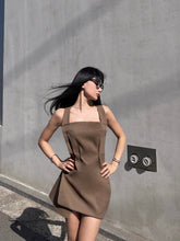 Brown Structured Square Neck Mini Dress