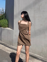 Brown Structured Square Neck Mini Dress