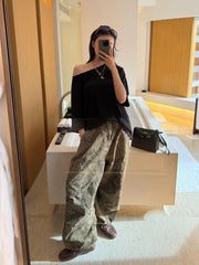Brown Texture Print Parachute Pants