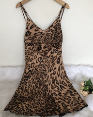 Brown V-Neck Sling Leopard Dress
