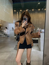 Brown Vintage Faux Leather Biker Jacket