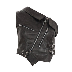 Brown Zipper Accent Faux Leather Top
