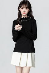 Butterfly Embroidery Mock Neck Long Sleeve Top
