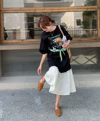 Cartoon Print Patchwork Casual Loose Long Dress