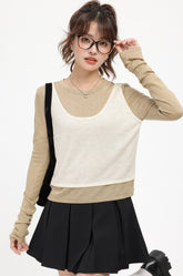 Brown Faux Two-Piece Sweater With White Top