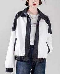 White And Black Contrast Faux Leather Jacket