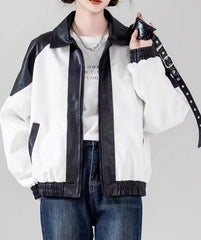 White And Black Contrast Faux Leather Jacket