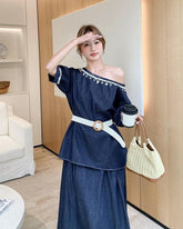 Chic Denim Outfit Top And Skirt Set