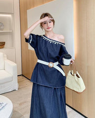 Chic Denim Outfit Top And Skirt Set