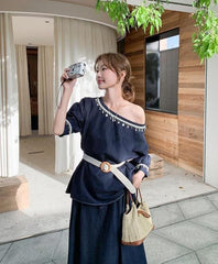 Chic Denim Outfit Top And Skirt Set